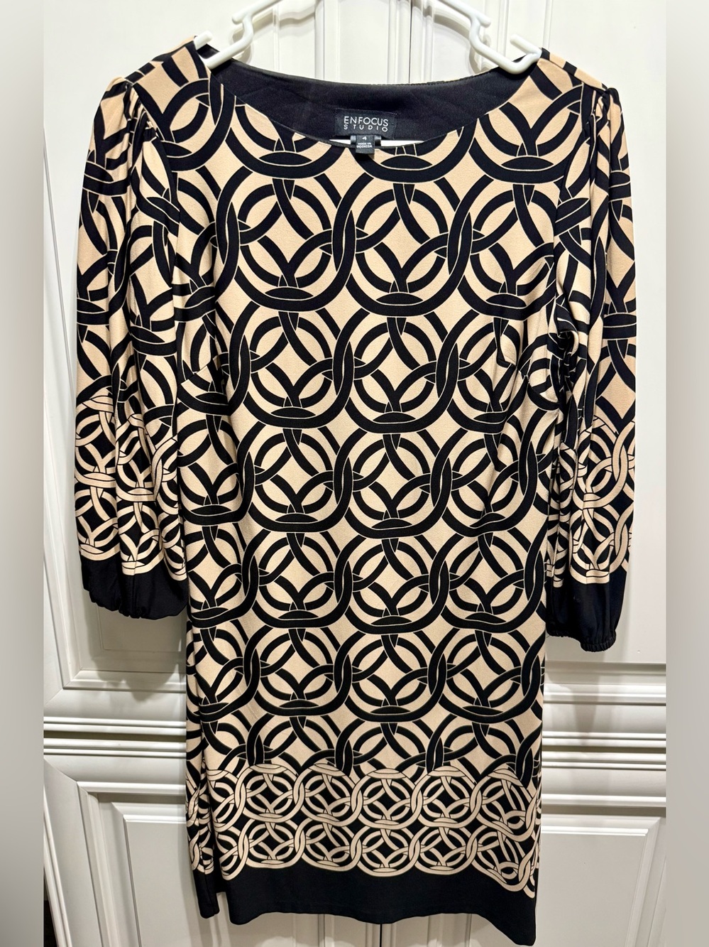 Enfocus Studio Black and Beige Geometric Midi Sheath Dress